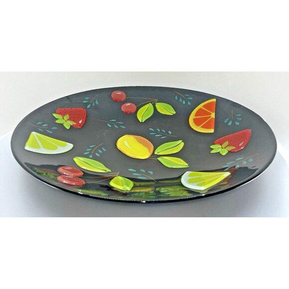 Large 16" Round Platter Vibrant Fused Glass Citrus & Cherry on Black Background - Picture 5 of 8